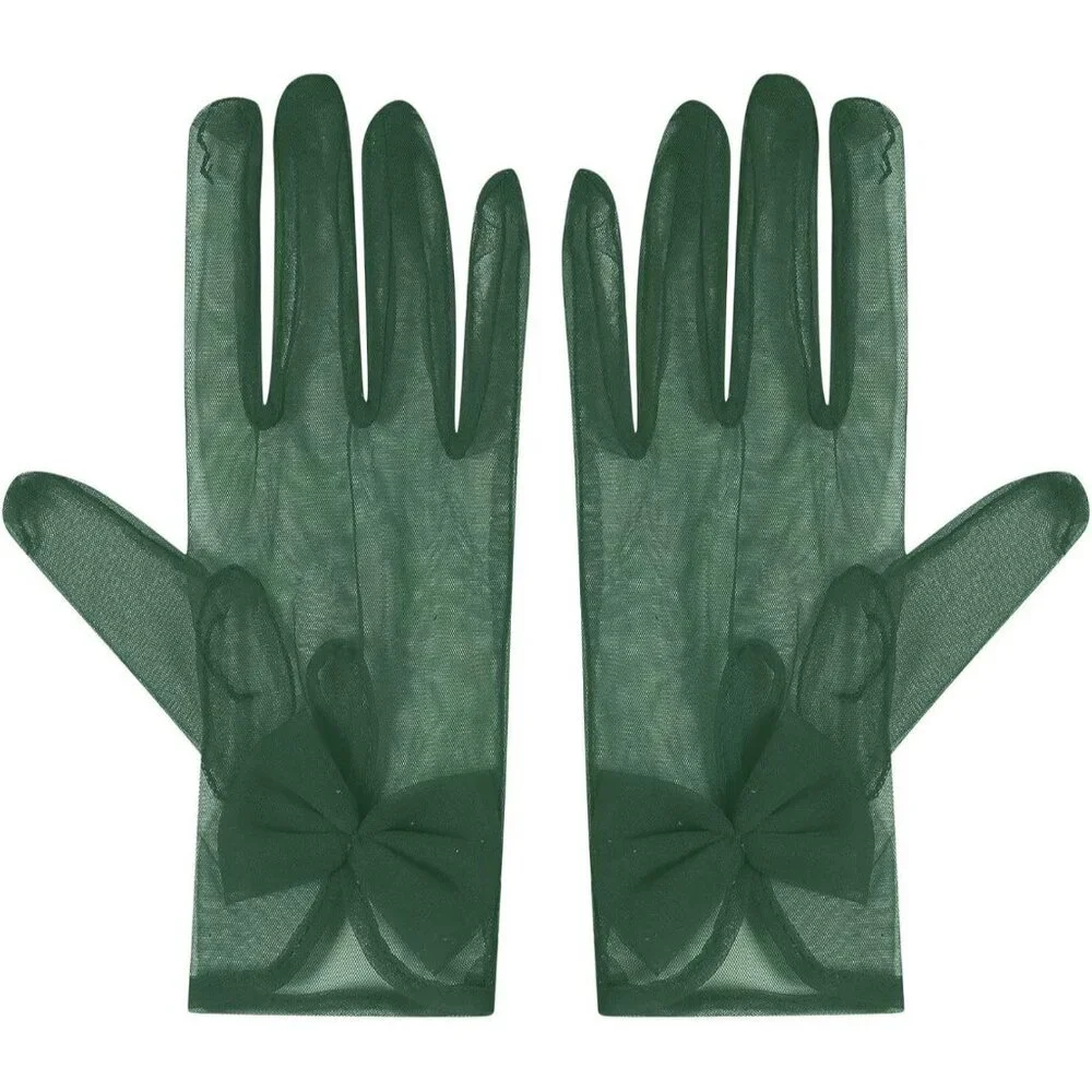 Women's Green Evening Sheer Tulle Short Length Gloves Wrist Tea Party Prom
